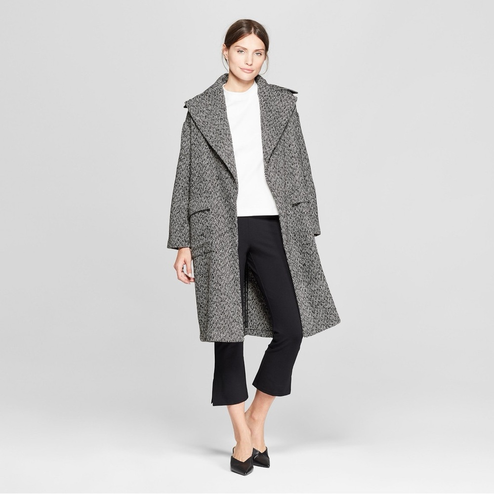 Prologue Women’s Black and White Long Sleeve Jacquard Tweed Wool Blend Over Coat